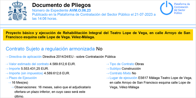 El Ayuntamiento de Vélez-Málaga saca a licitación la rehabilitación integral del teatro Lope de Vega por 5,5 millones de euros