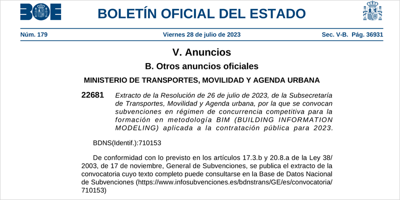 Mitma convoca subvenciones para la formación en BIM por Colegios profesionales en 2023