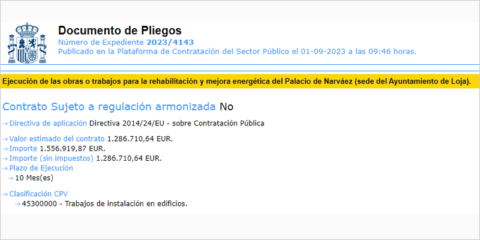 Abierta la licitación para la rehabilitación energética del Palacio de Narváez de Loja