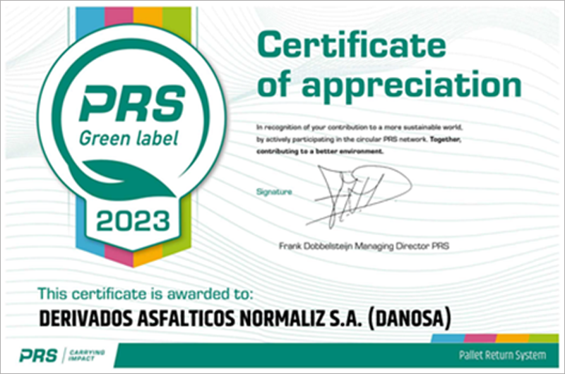 PRS ha galardonado a Danosa por sus esfuerzos y contribución a la gestión de un sistema circular de reutilización de palets