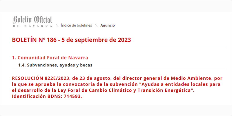 El Gobierno de Navarra convoca ayudas por 150.000 euros para el desarrollo de la Ley Foral de Cambio Climático y Transición Energética en entidades locales