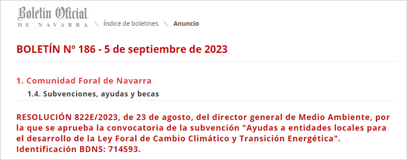 El Gobierno de Navarra convoca ayudas por 150.000 euros para el desarrollo de la Ley Foral de Cambio Climático y Transición Energética en entidades locales