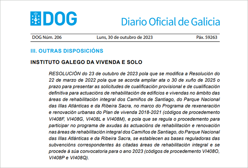 La Xunta de Galicia destina más de 6,6 millones en ayudas para las áreas de rehabilitación de los caminos de Santiago, de la Ribeira Sacra y de Islas Atlánticas