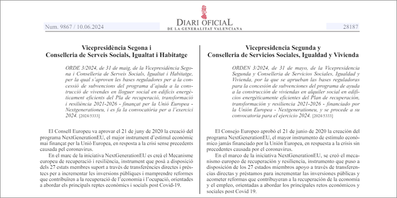 Bases de la convocatoria para subvenciones a la construcción de 720 viviendas en alquiler en la Comunidad Valenciana