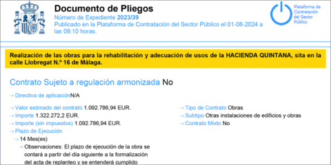 El Ayuntamiento de Málaga licita las obras de rehabilitación energética de la Hacienda Quintana
