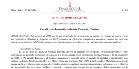 La Comunidad Valenciana lanza ayudas para fomentar la eficiencia energética en empresas turísticas