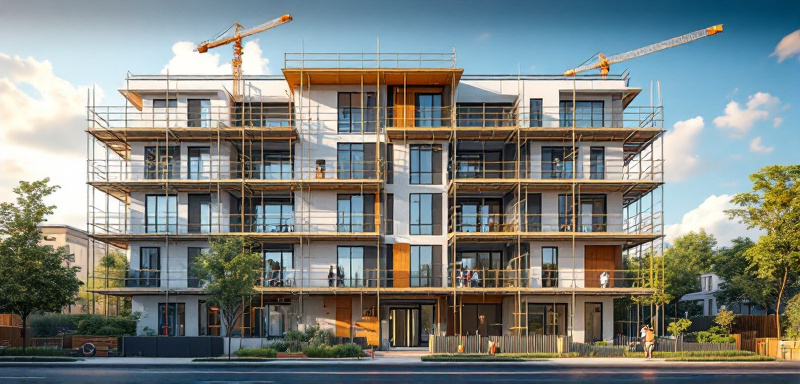 Edificio moderno residencial en Zaragoza, mostrando andamios para su renovación hacia una mayor eficiencia energética y accesibilidad. Renovación de un edificio residencial grande con andamios para mejoras en sostenibilidad.