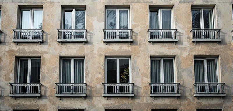 Imagen de una fachada residencial moderna con ventanas alineadas mostrando diseño sostenible.