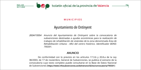 Nueva convocatoria de ayudas para la rehabilitación de viviendas en el centro histórico de Ontinyent