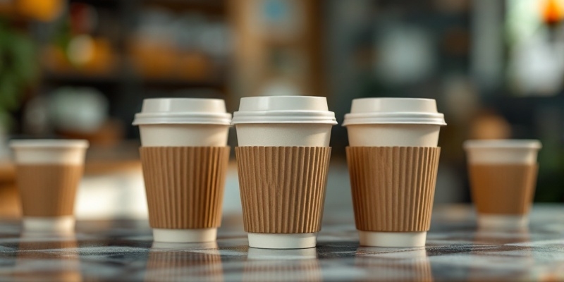Vasos de cartón apilados en una mesa, destacando la iniciativa de productos sostenibles por la Comisión Europea Imagen hiperrealista de vasos de cartón apilados, enfocando en sostenibilidad