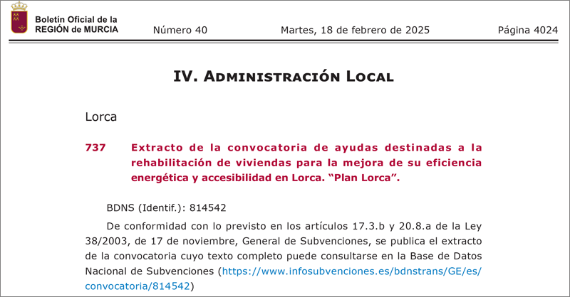  Medio millón de euros destinados a la rehabilitación energética de las viviendas de Lorca