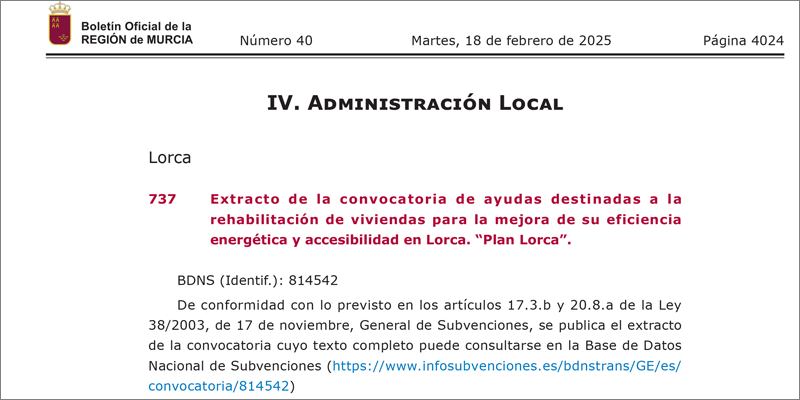 Medio millón de euros destinados a la rehabilitación energética de las viviendas de Lorca