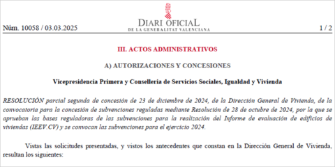 La Generalitat Valenciana adjudica las subvenciones para el Informe de Evaluación de Edificios de Viviendas