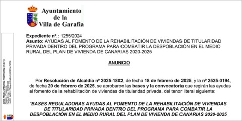 Abierto el plazo de solicitud de ayudas a la rehabilitación de viviendas en la Villa de Garafía