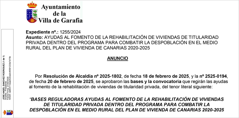 Abierto el plazo de solicitud de ayudas a la rehabilitación de viviendas en la Villa de Garafía