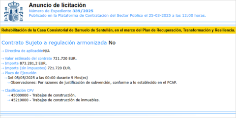 La rehabilitación integral de la Casa Consistorial de Barruelo de Santullán sale a licitación