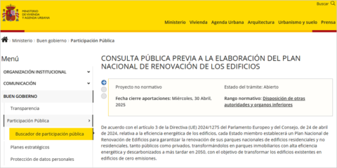Consulta pública previa para la elaboración del Plan Nacional de Renovación de los Edificios