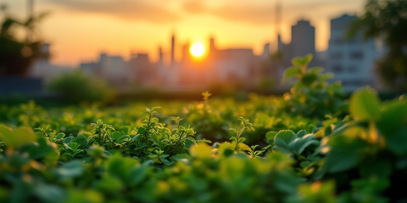 Primer plano de azotea verde en Madrid al atardecer, destacando texturas de plantas y un ambiente sostenible.