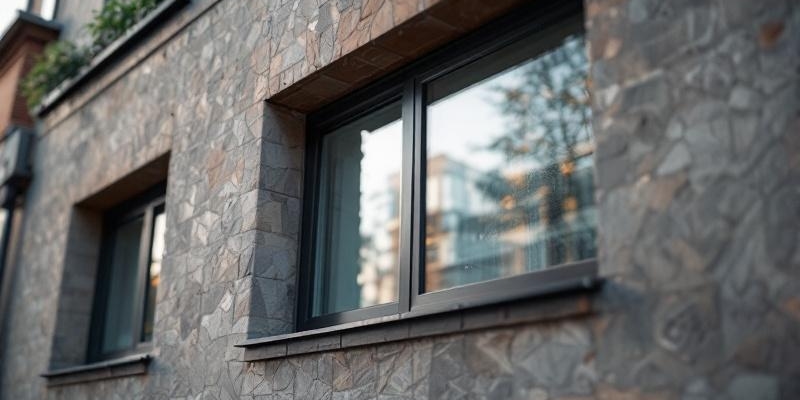 Primer plano de una ventana en detalle, mostrando texturas y reflejos en el vidrio de un edificio urbano.
