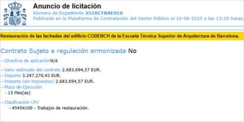 Abierta la licitación para las obras de restauración de las fachadas del edificio Coderch de la ETSAB