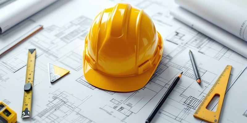 Casco de construcción amarillo sobre planos técnicos con herramientas de medición.