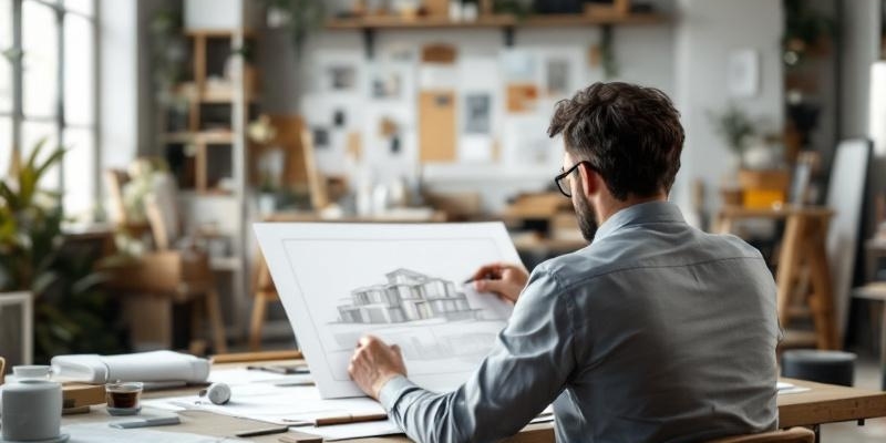 Arquitecto en su estudio diseñando un edificio, visto desde atrás con un plano detallado en primer plano.