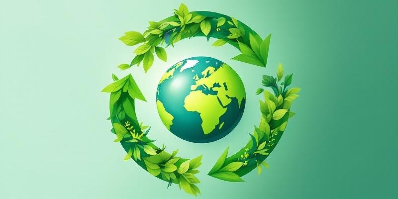 Gráfico de economía circular con engranajes, símbolos de reciclaje y energías renovables.