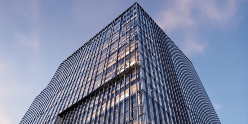 Imagen hiperrealista de un edificio moderno alto con fachada de vidrio y acero.