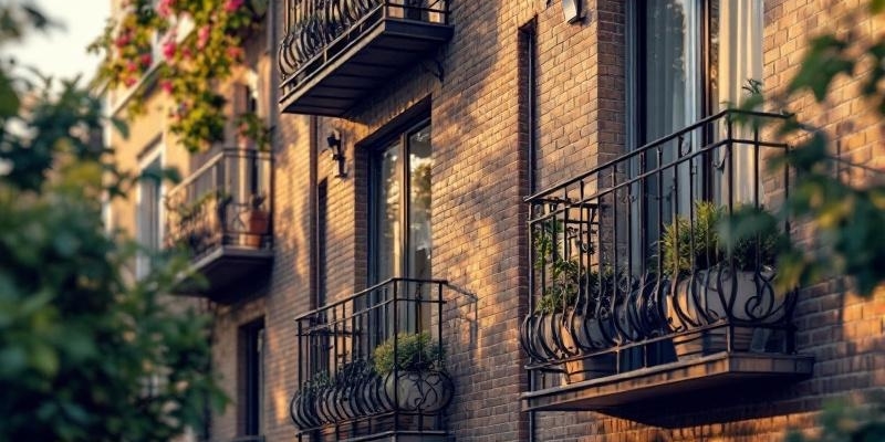 Fachada de edificio residencial con ventanas enmarcadas en aluminio y plantas en las terrazas, bajo luz de tarde.