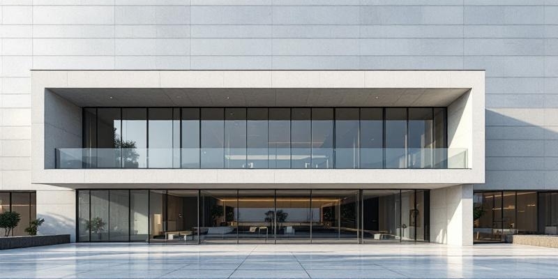 Edificio moderno con ventanales de vidrio y estructuras metálicas, diseño minimalista que captura luz natural.
