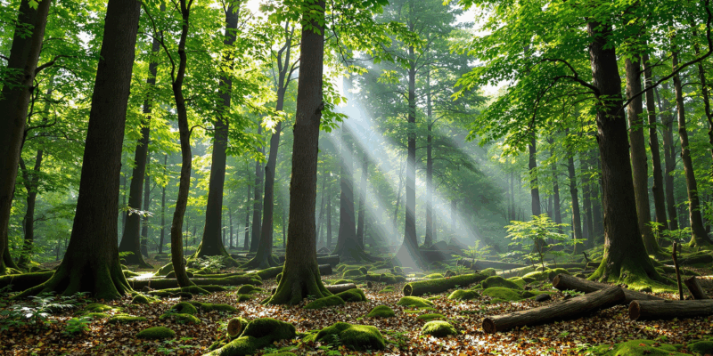 Fotografía de un bosque frondoso con árboles altos, luz del sol penetrando entre las hojas y un suelo cubierto de vegetación.