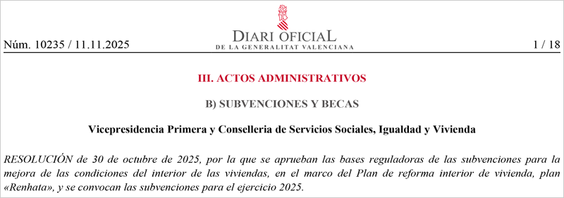 La Generalitat convoca ayudas por valor total de seis millones de euros para la reforma interior de viviendas