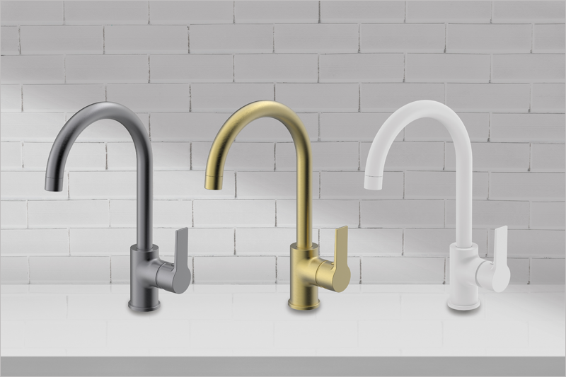 La colección de grifería de cocina GO!2 de Clever, de Standard Hidráulica, está disponible en acabados gunmetal, oro cepillado y blanco mate.