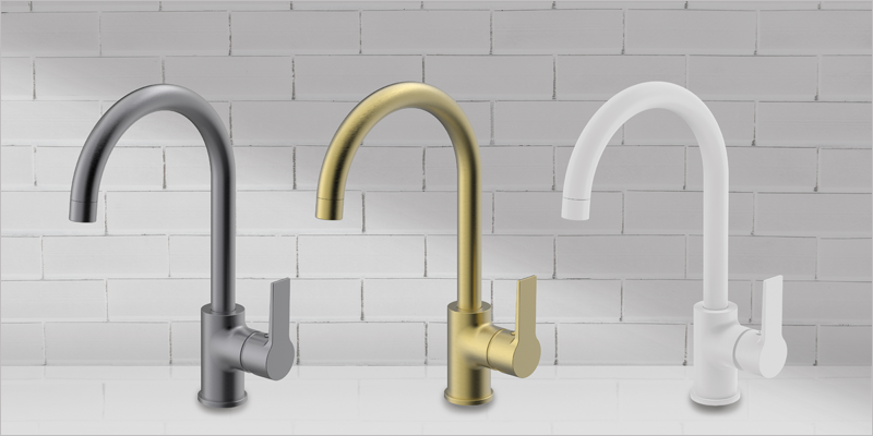 La colección de grifería de cocina GO!2 de Clever, de Standard Hidráulica, está disponible en acabados gunmetal, oro cepillado y blanco mate.