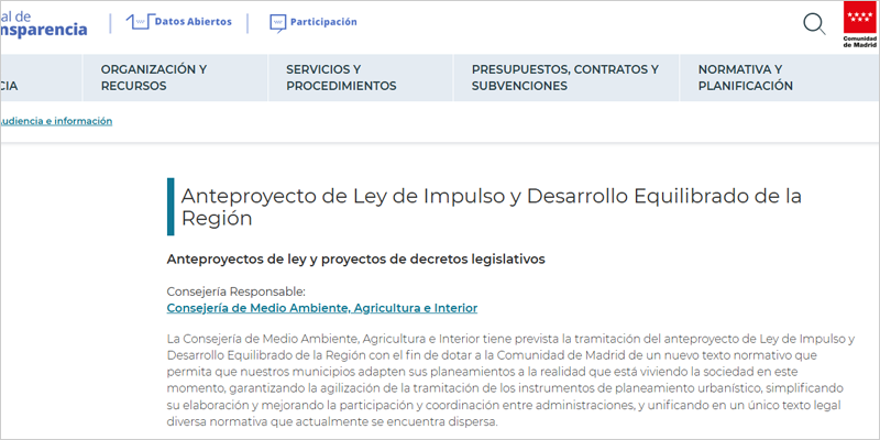 La Comunidad de Madrid abre el periodo de información pública del anteproyecto de la futura Ley LIDER