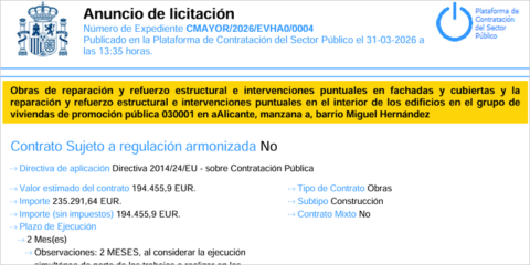 La intervención en fachadas, cubiertas e interior de un grupo de vivienda pública de Alicante se licita