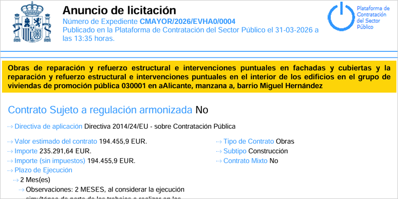 La reparación e intervención en fachadas, cubiertas e interior de un grupo de vivienda de Alicante sale a licitación