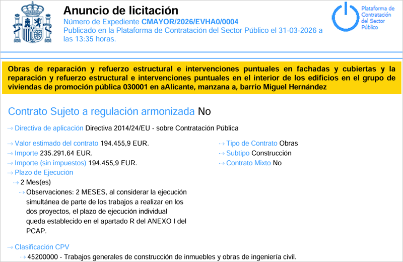 La reparación e intervención en fachadas, cubiertas e interior de un grupo de vivienda de Alicante sale a licitación