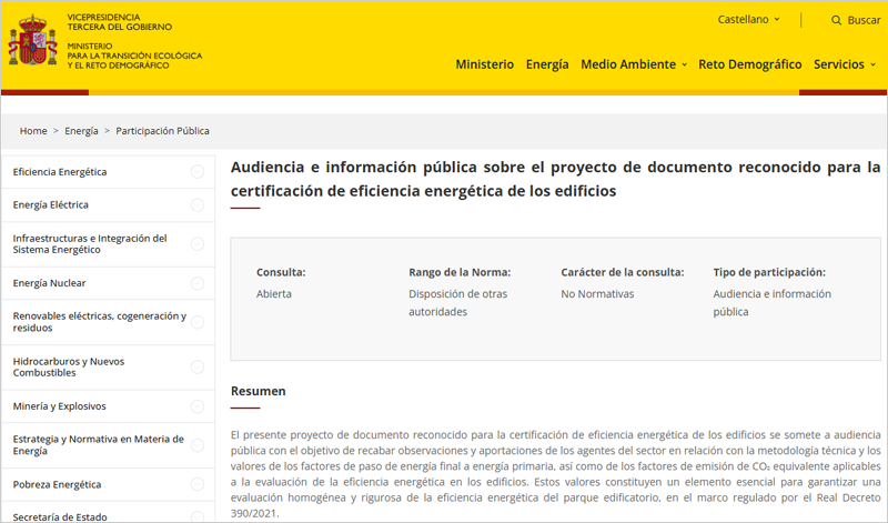 Audiencia pública sobre el documento para la certificación de eficiencia energética de los edificios