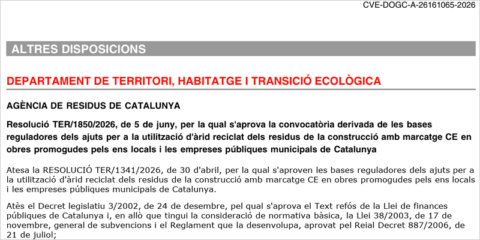 Convocatoria de ayudas para el uso de áridos reciclados de los residuos de construcción en Cataluña