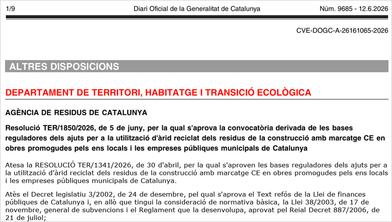 Convocatoria de ayudas para el uso de áridos reciclados de los residuos de construcción en Cataluña