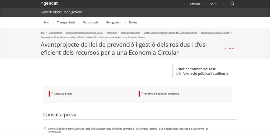 Abierto a información pública el proyecto de ley de residuos y economía circular en Cataluña