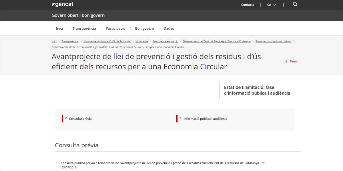 Abierto a información pública el proyecto de ley de residuos y economía circular en Cataluña