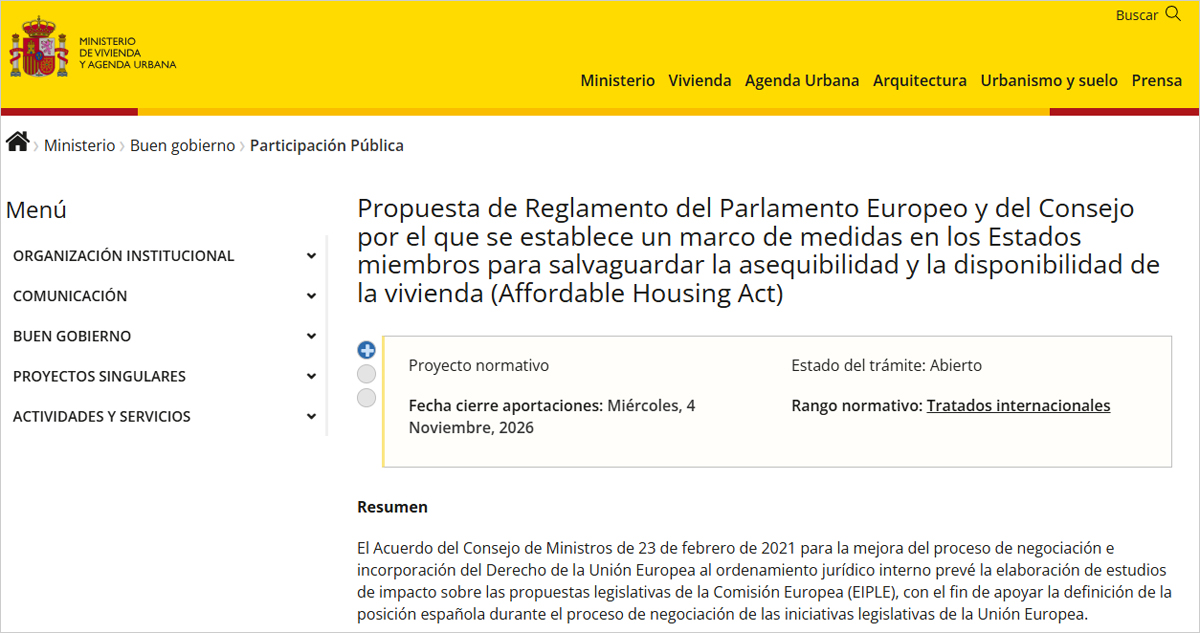 Consulta pública en España sobre la futura Ley Europea de Vivienda Asequible impulsada por la Comisión Europea