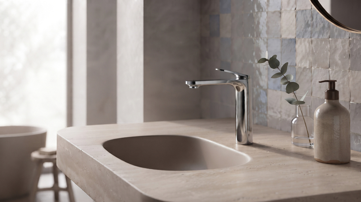 Grifo de lavabo Clever de Standard Hidráulica en acabado cromo instalado sobre una encimera de baño.