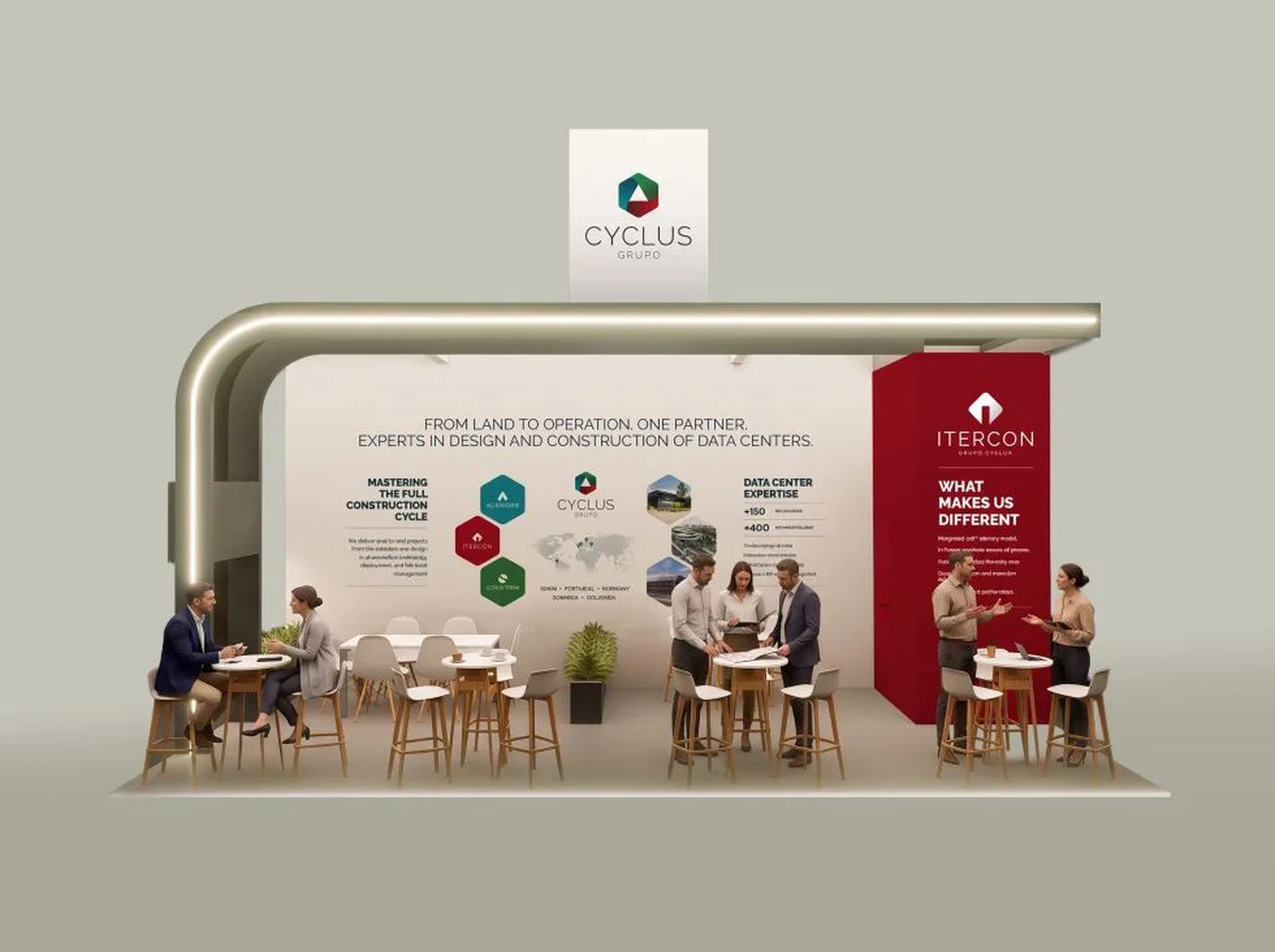 Recreación del stand de ITERCON-Grupo Cyclus para Data Centre World Madrid 2026.