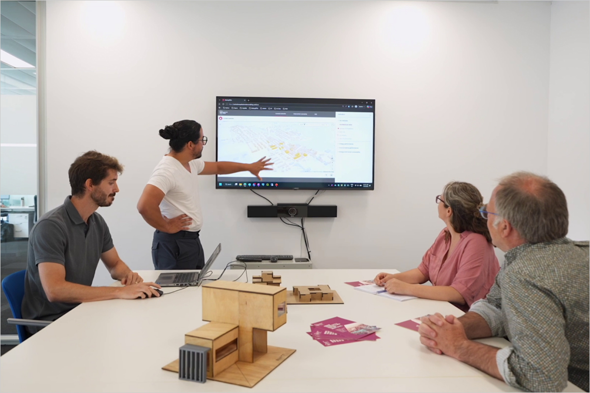Visualización de un modelo urbano 3D usado por el gemelo digital de MAKING PEDs para planificar distritos de energía positiva