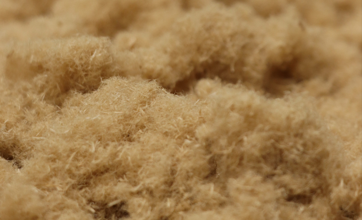 Primer plano de fibras de madera de color claro agrupadas en una masa suelta.